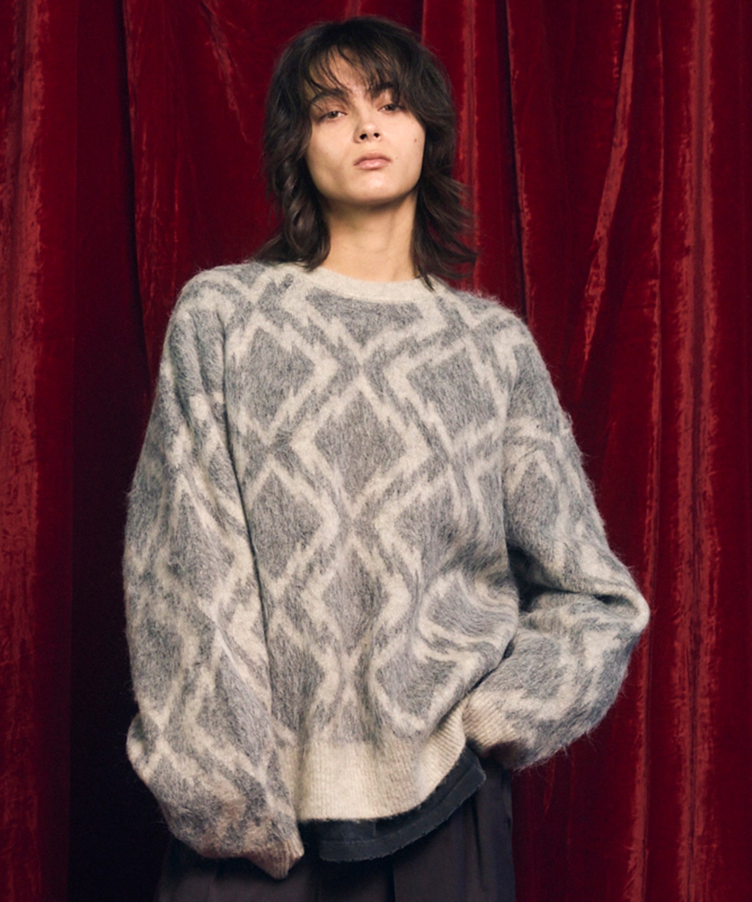 Diamond Geometric Pattern Prime-Over Crew Neck Mohair Shaggy Knit Pull