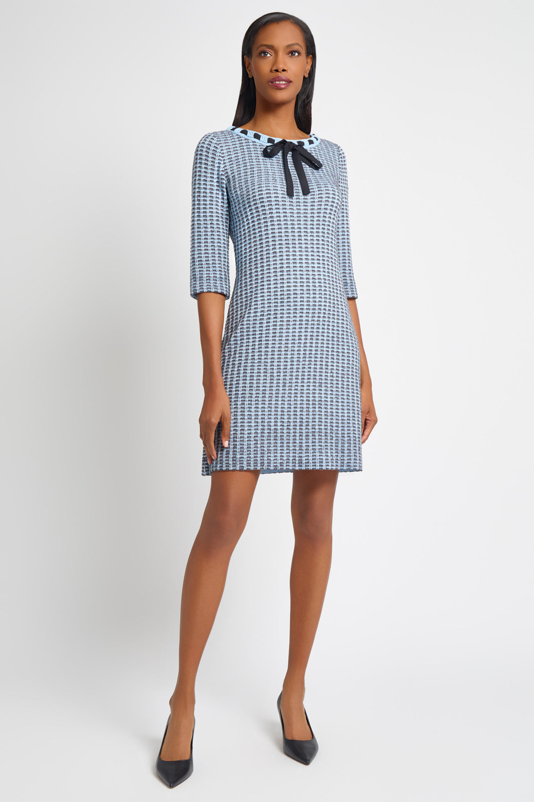 Tweed Knit Sheath Dress with Crochet Ribbon Trim | Ming Wang