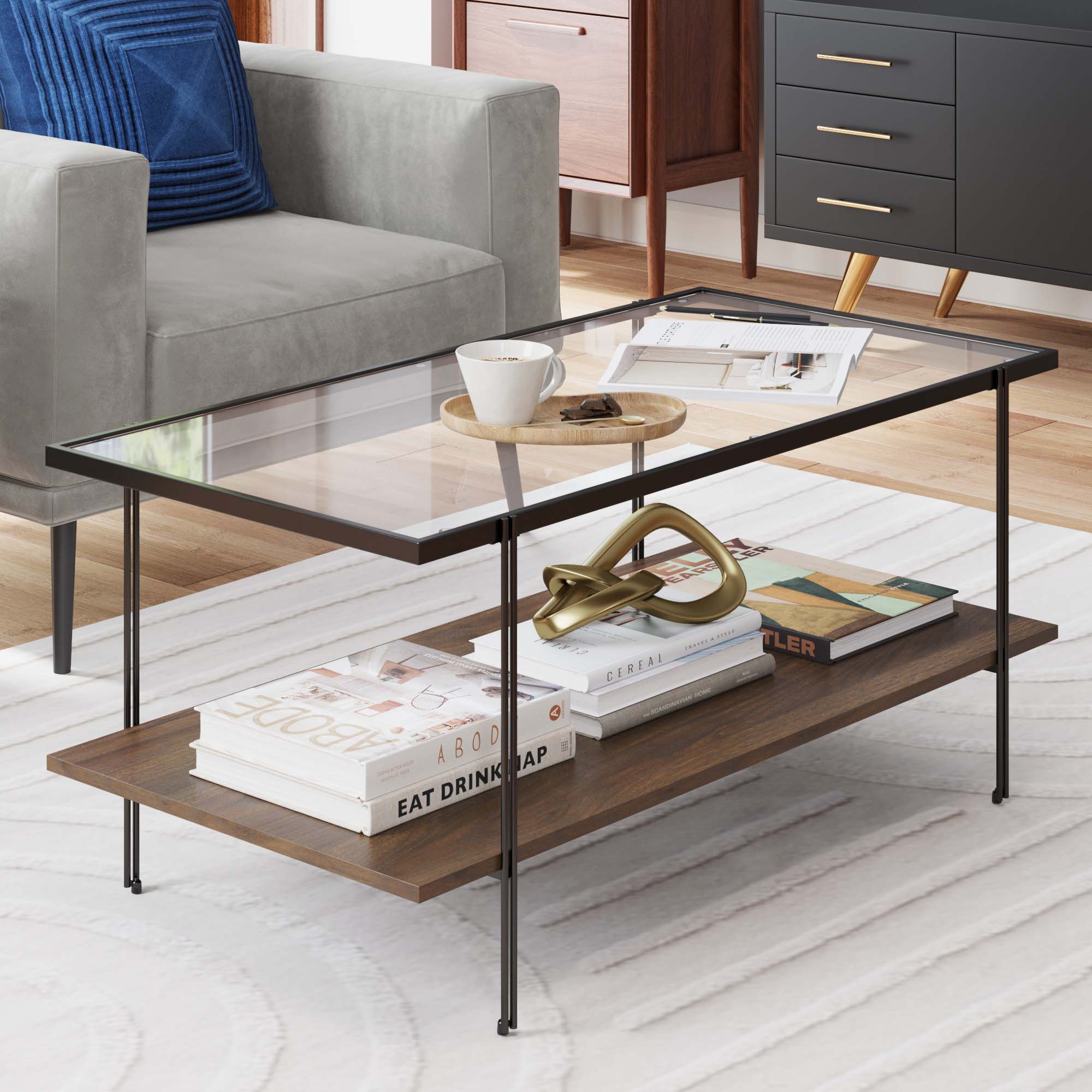 Asher Glass and Metal Coffee Table with Wood Shelf | Nathan James