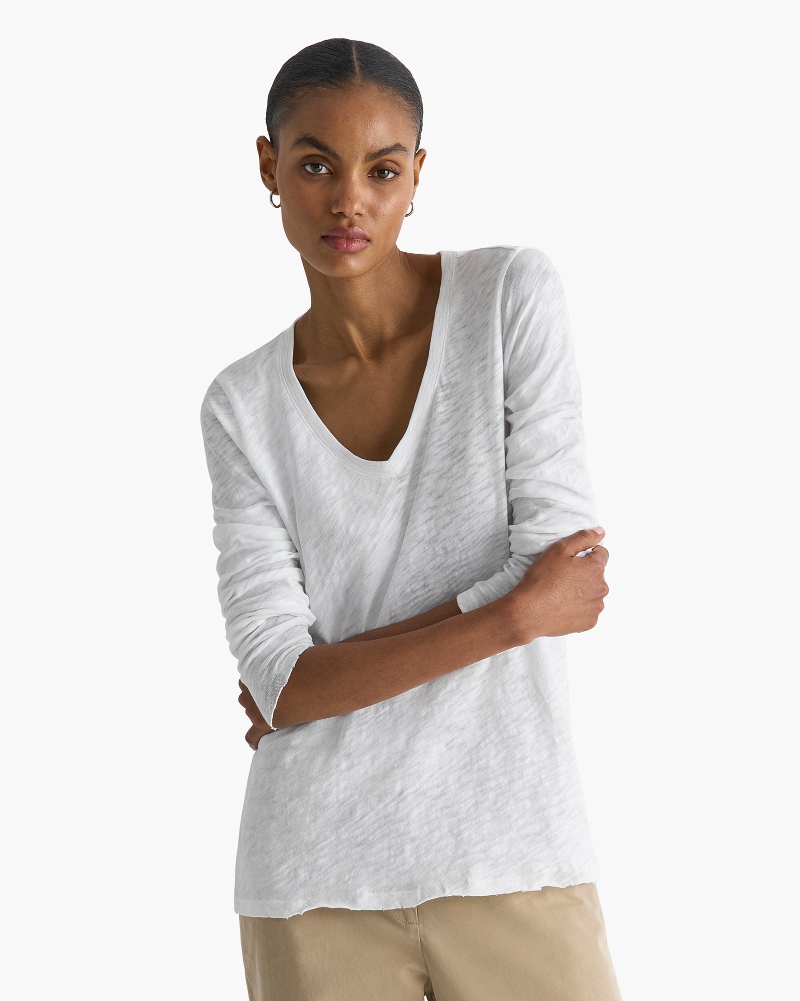 ATM Anthony Thomas Melillo Slub Jersey Long Sleeve V-Neck Tee - White