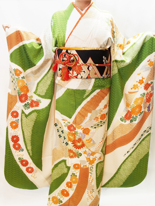 211正絹黄緑古典柄振袖 - 呉服下村屋 レンタル着物アシスト