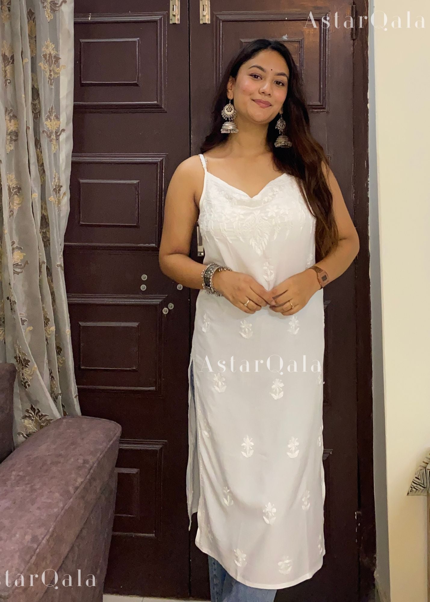 Kinza Premium Muslin Chikankari Long Noodle Strap Sleeveless Kurti