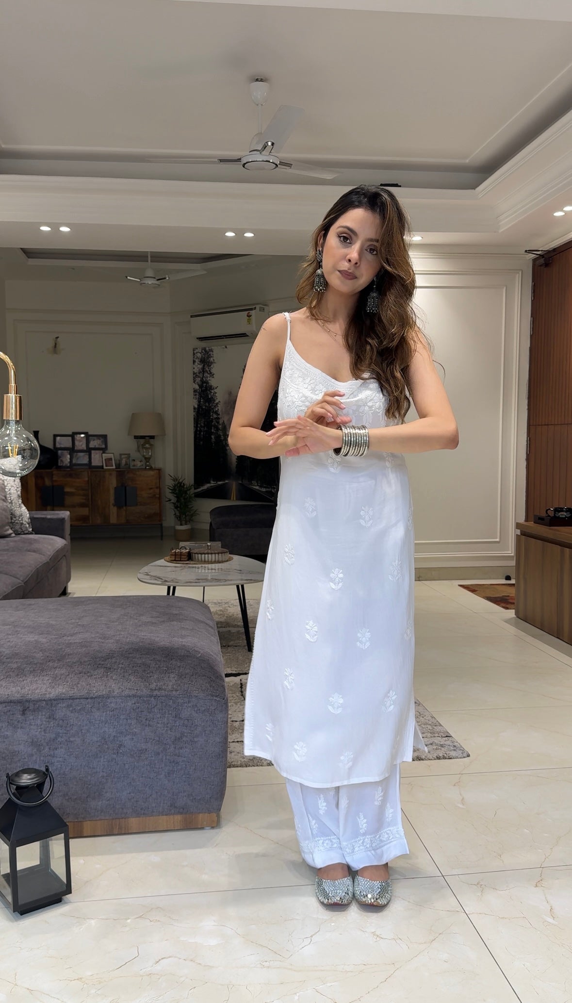 Kinza Premium Muslin Chikankari Long Noodle Strap Sleeveless Kurti