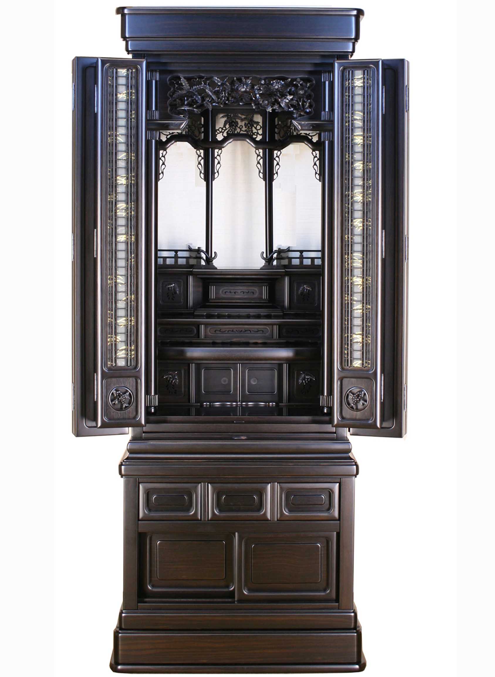 セール✨高級唐木　飾り棚　銘木黒丹　黒檀　未使用美品 在庫新品 唐木 飾り棚 黒檀 彫り入り 隅丸4枚戸 巾93cm 唐木家具 no