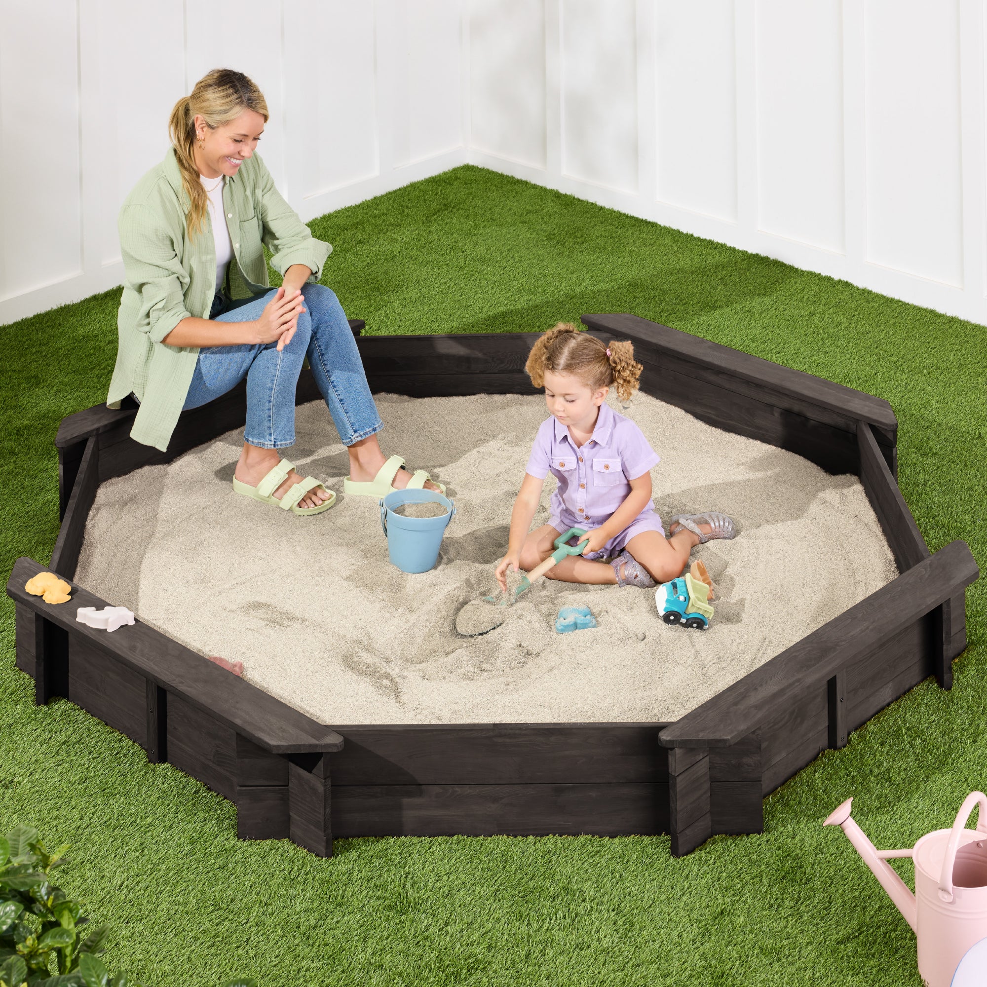 Kid's Wooden Octagonal Sandbox w/ Sand Cover, 4 Reinforced Benches
