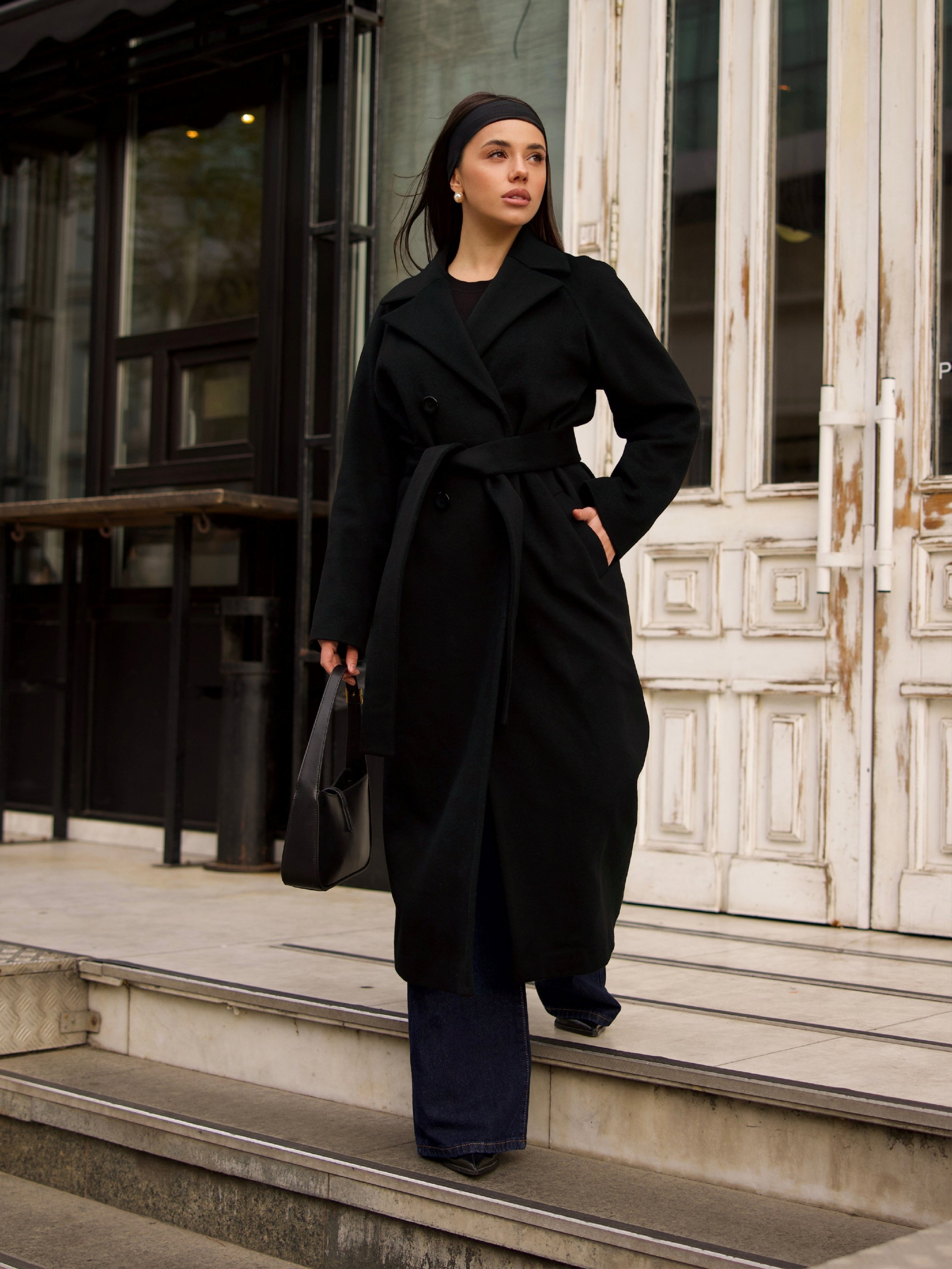 Classic Black Belted Maxi Coat by Chelie | Made from 80% wool and