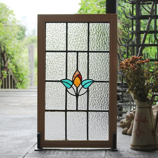 花の蕾の大きなステンドグラス イギリスアンティーク 48cm×80.5cm