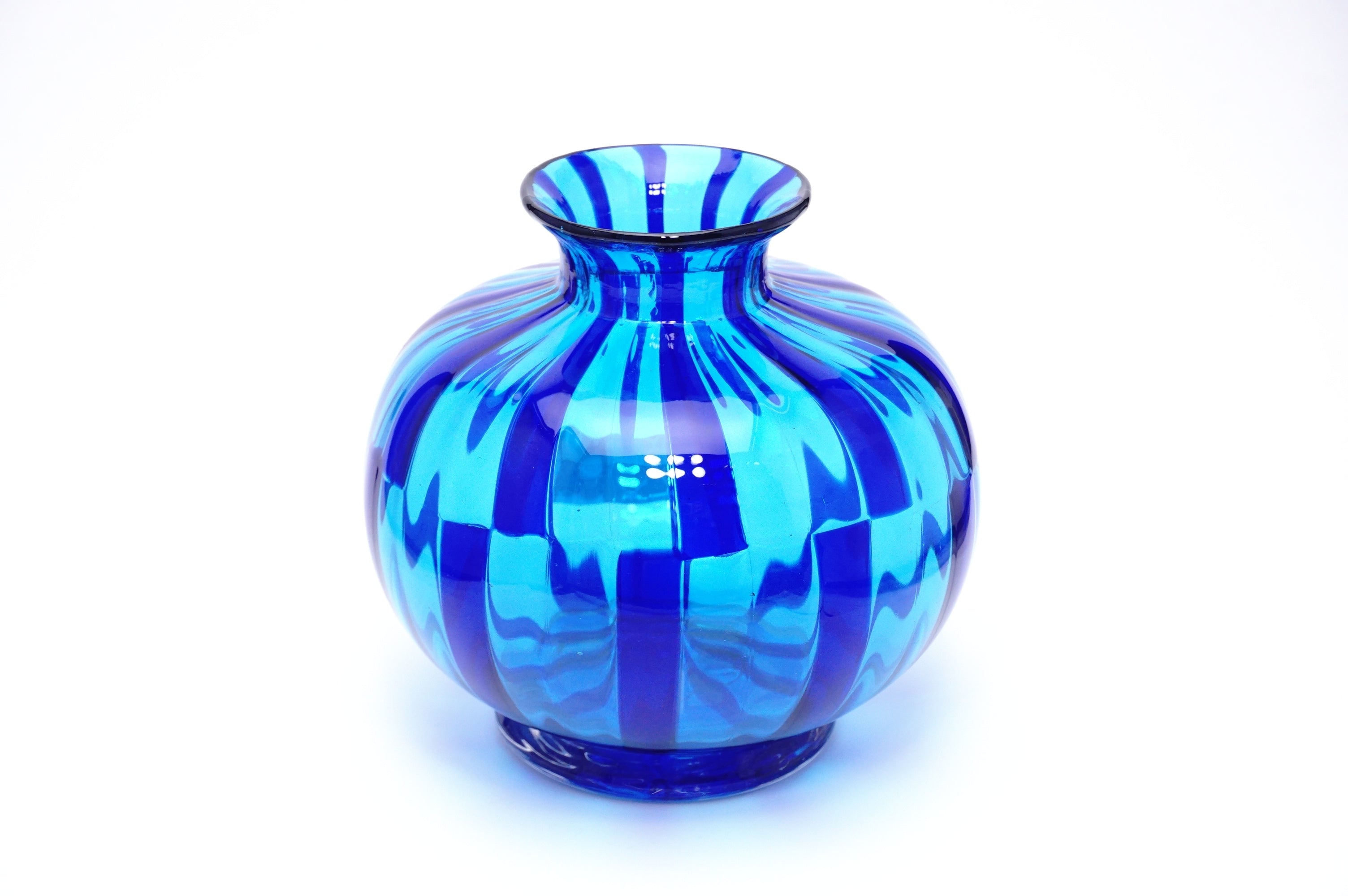 ガラス製花瓶 緑と青のストライプ ベネチア製 ガラス製花瓶 緑と青