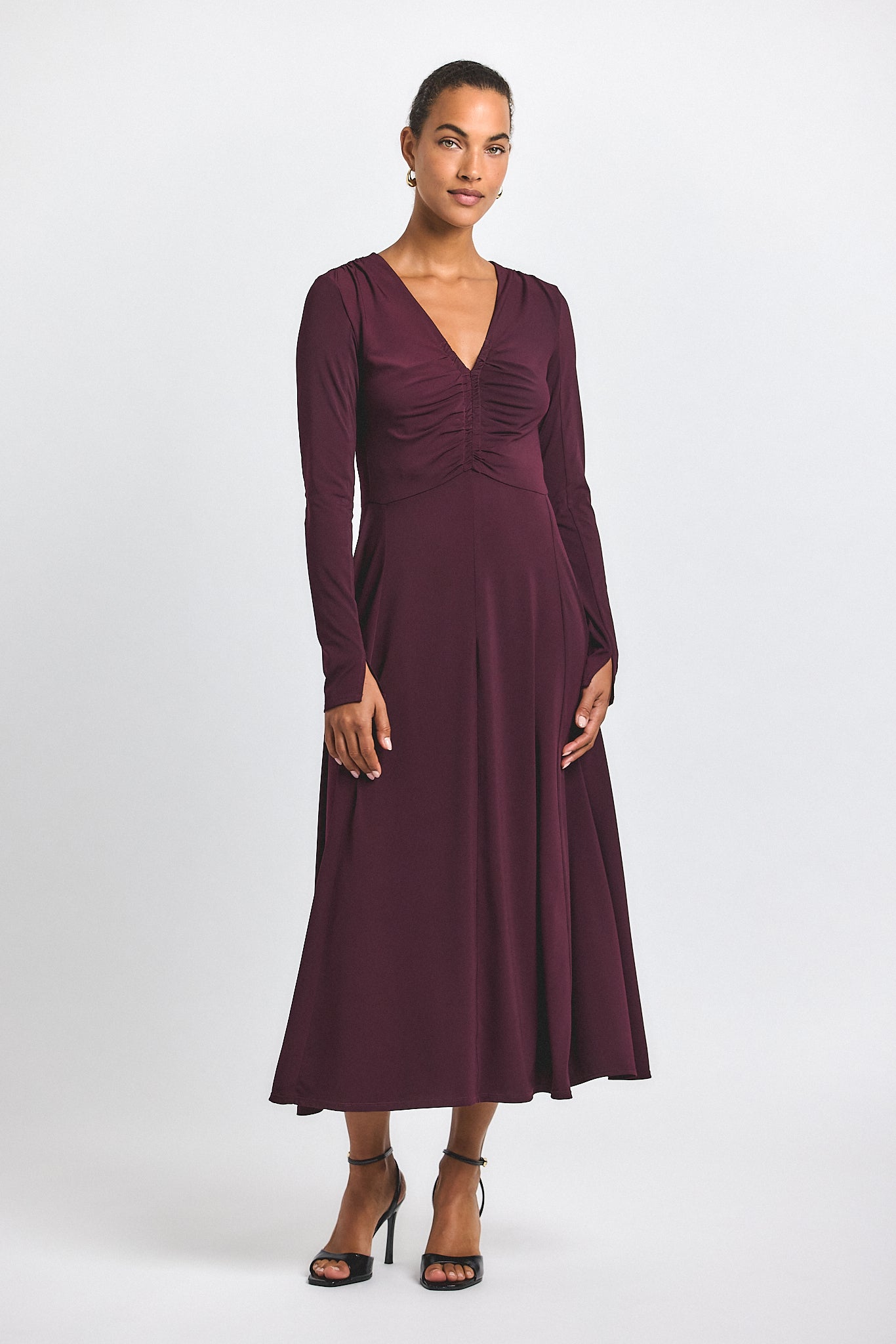 Isabella Ruched Front Long Sleeve Dress - Black Cherry – Derek Lam