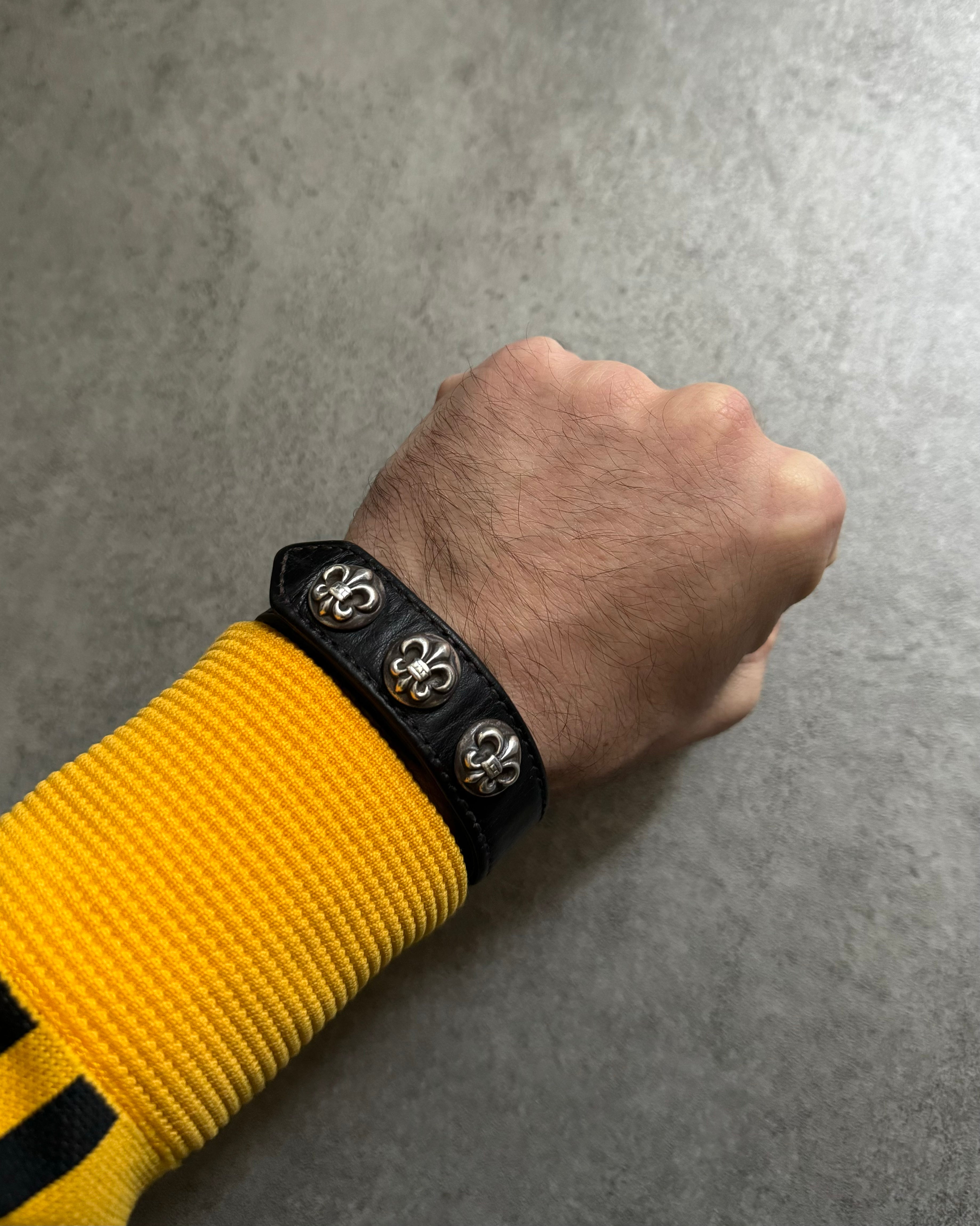 Chrome Hearts Fleur de Lys Leather Snap Black Bracelet (OS