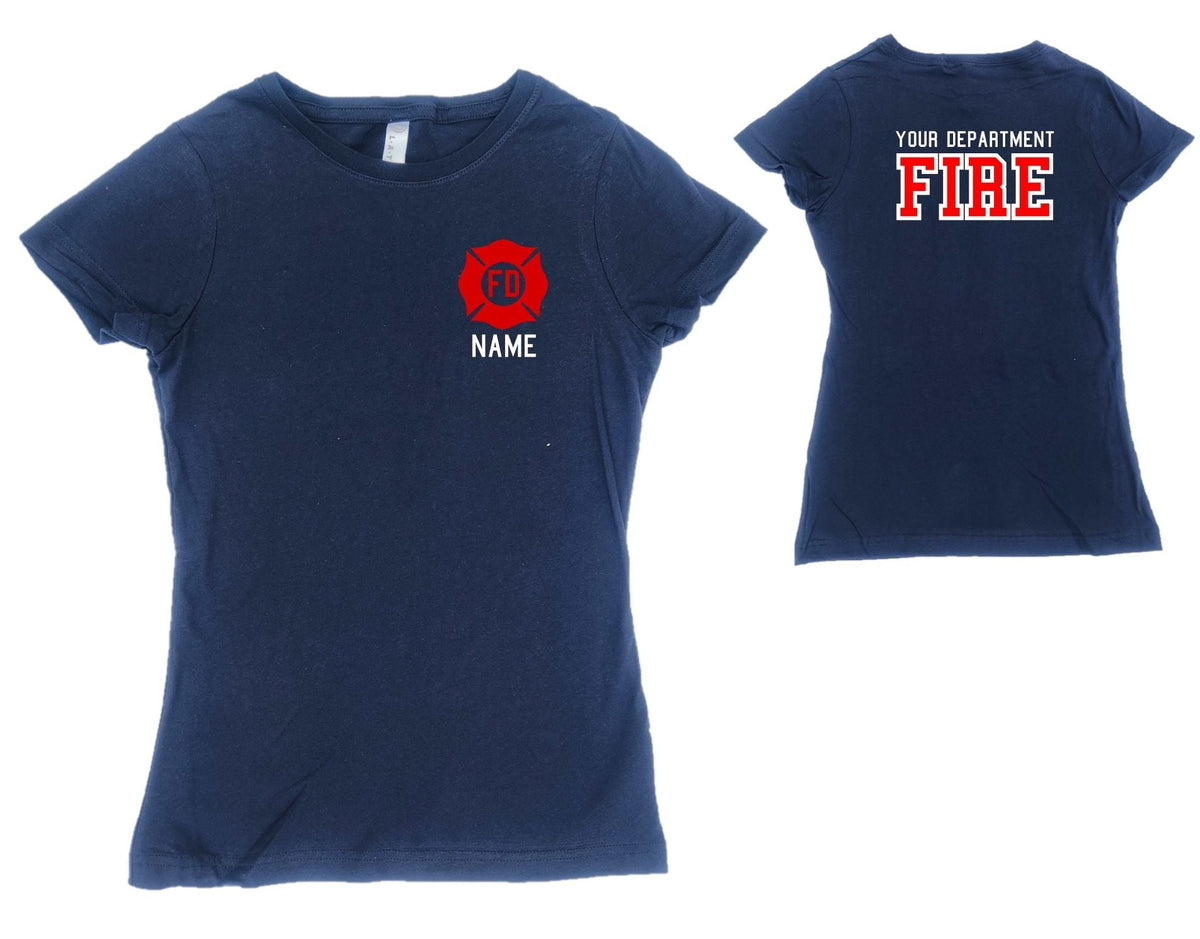 Firefighter Adult Womens Personalized Navy TShirt with RED Maltese