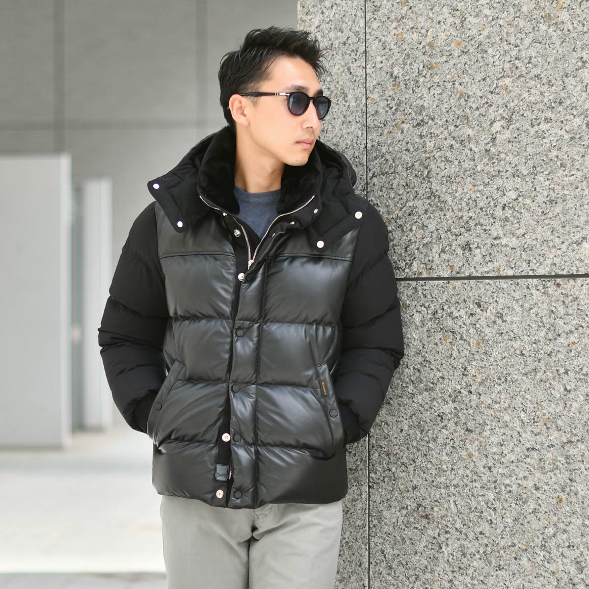 MOORER【ムーレー】レザーコンビフードダウンブルゾン JAKE PKN NERO