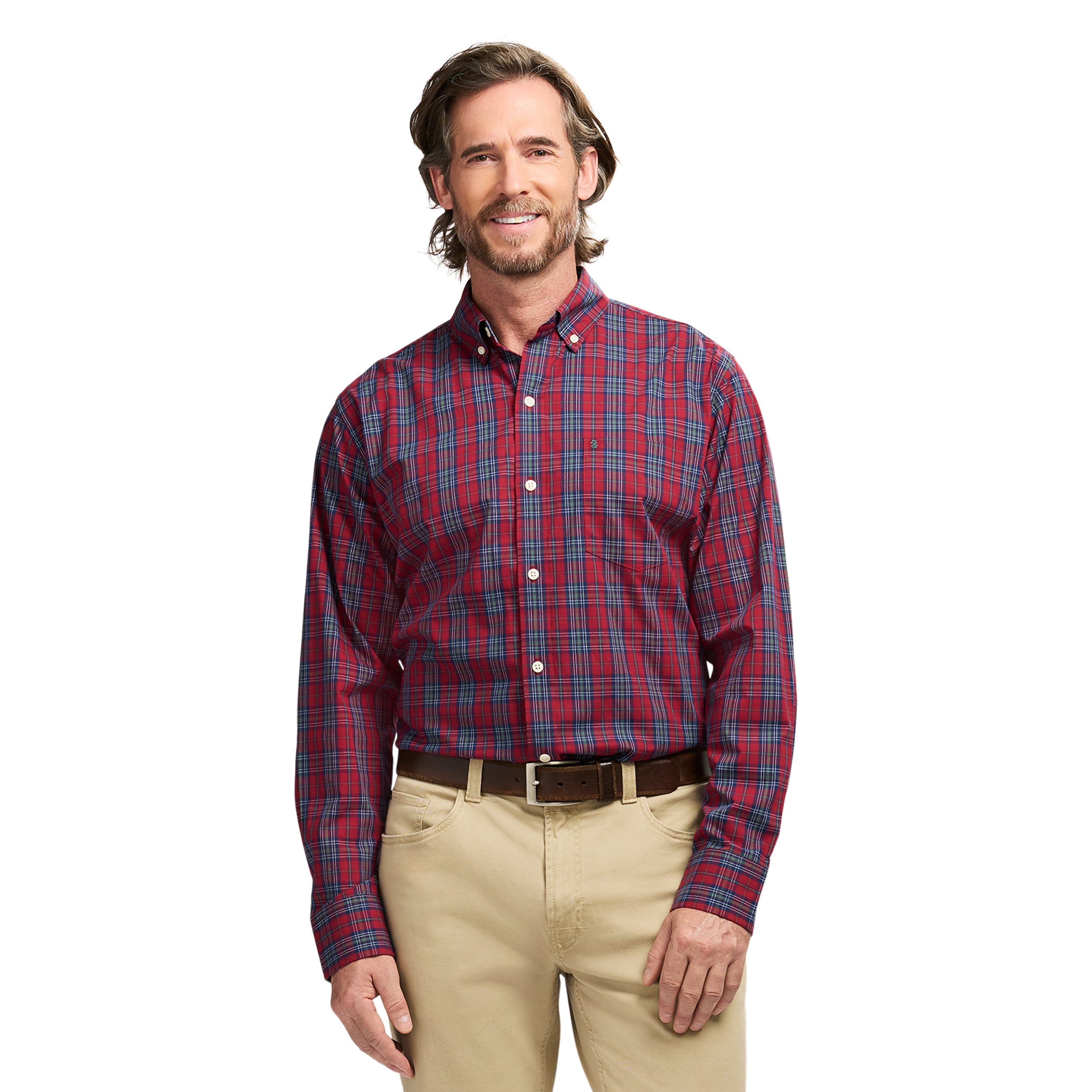 Holiday Tartan Long Sleeve Button Down Shirt - Red Dahlia – IZOD