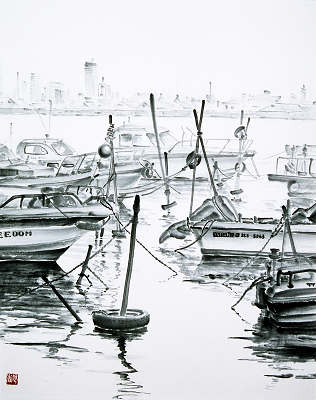 水墨画 「観光船」 水墨画 「観光船」 中国旅行 桂林 「漓江下り