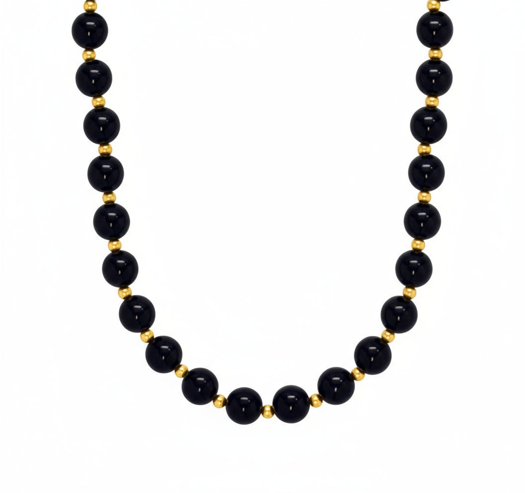 ISAAC WESTMAN® 8 mm Polished Black Onyx Beads & 14K Gold Necklace