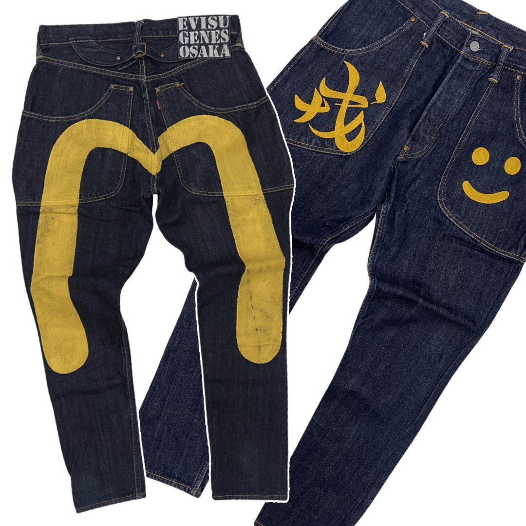 Japanese Amekaji Evisu Genes Osaka Kanji Yellow Paint Denim Jeans