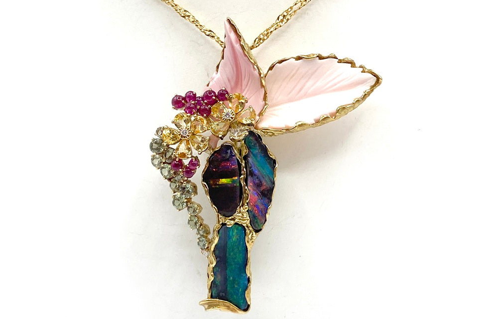 Boulder Opal K18ボルダーオパール コンクシェル ルビー イエロー