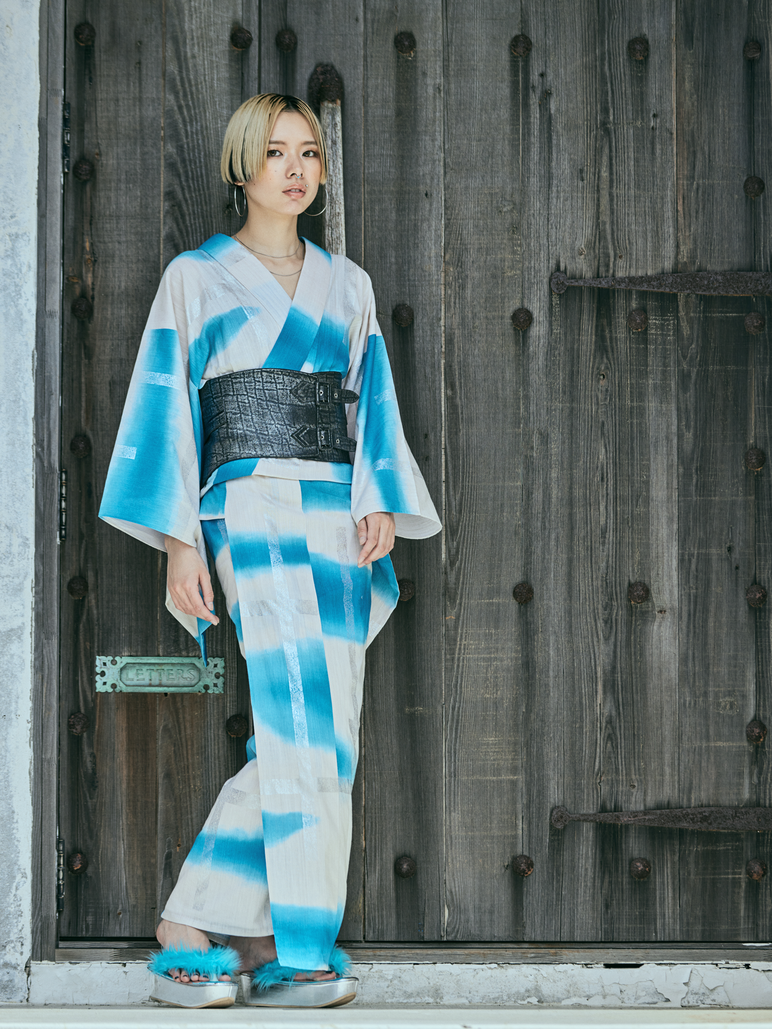 浴衣｜破れ格子 水色／ヴィンテージ箔｜誉田屋源兵衛