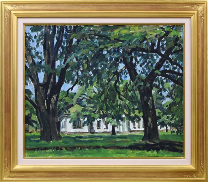 富樫正雄「にれ巨木（北海道大学）」油絵・F8号 絵画買取・販売の小竹美術