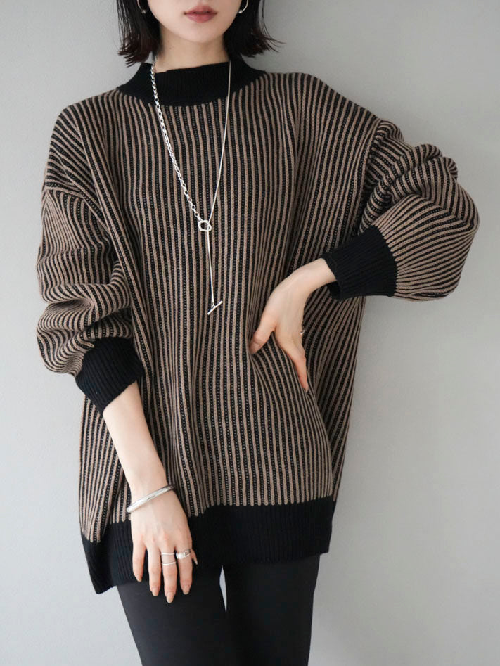 予約]ストライプリブ配色ニットプルオーバー/ブラック – Lumier