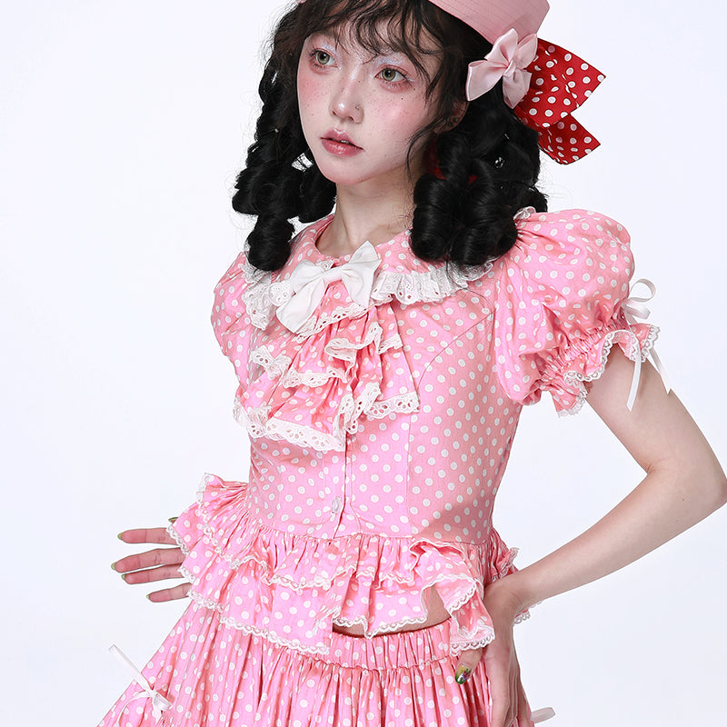 Retro Pink Polka Dot Shirt - Showa Vintage Kawaii - SOS MEME CLUB