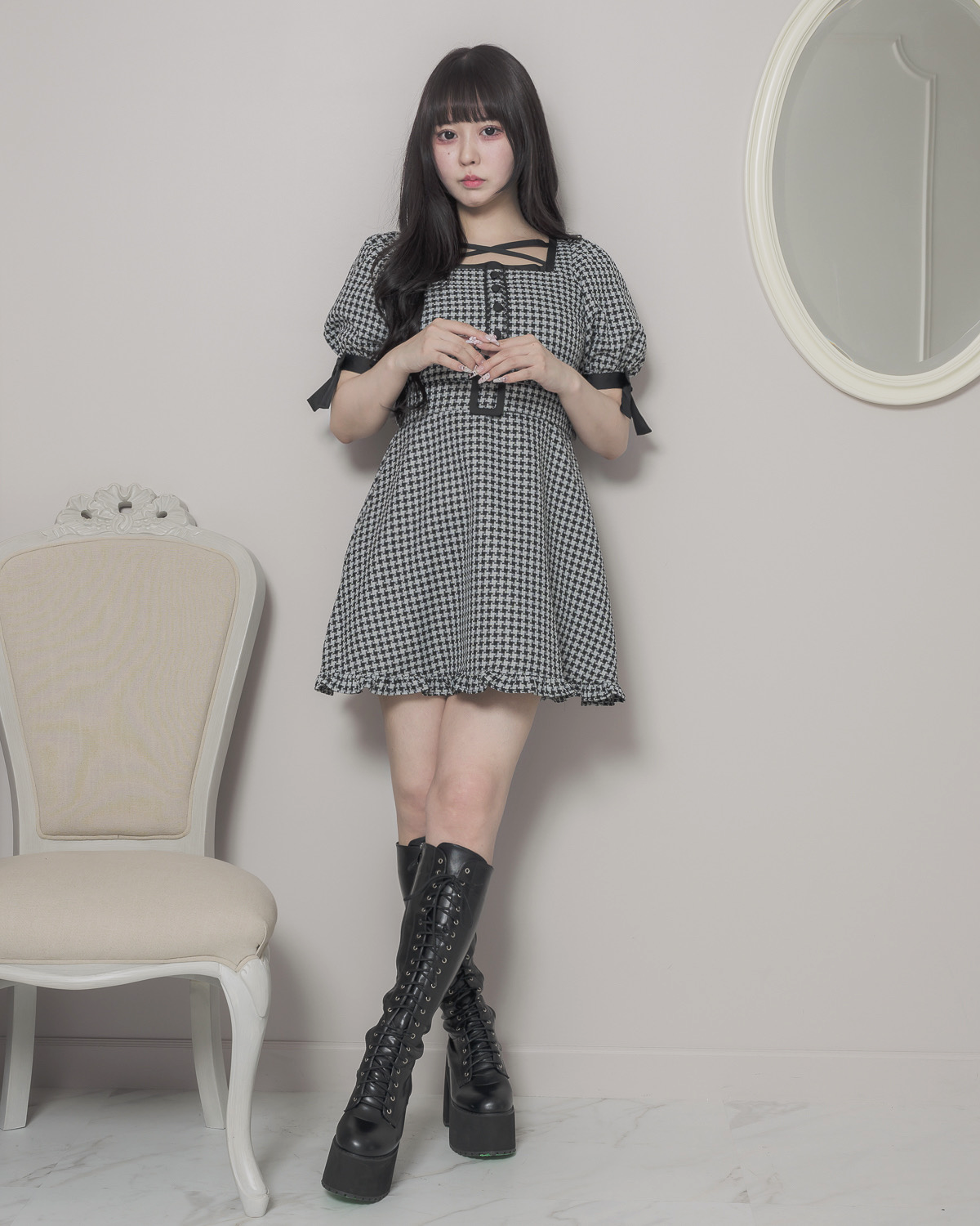 千鳥柄ジャガードベルトミニワンピース – pium