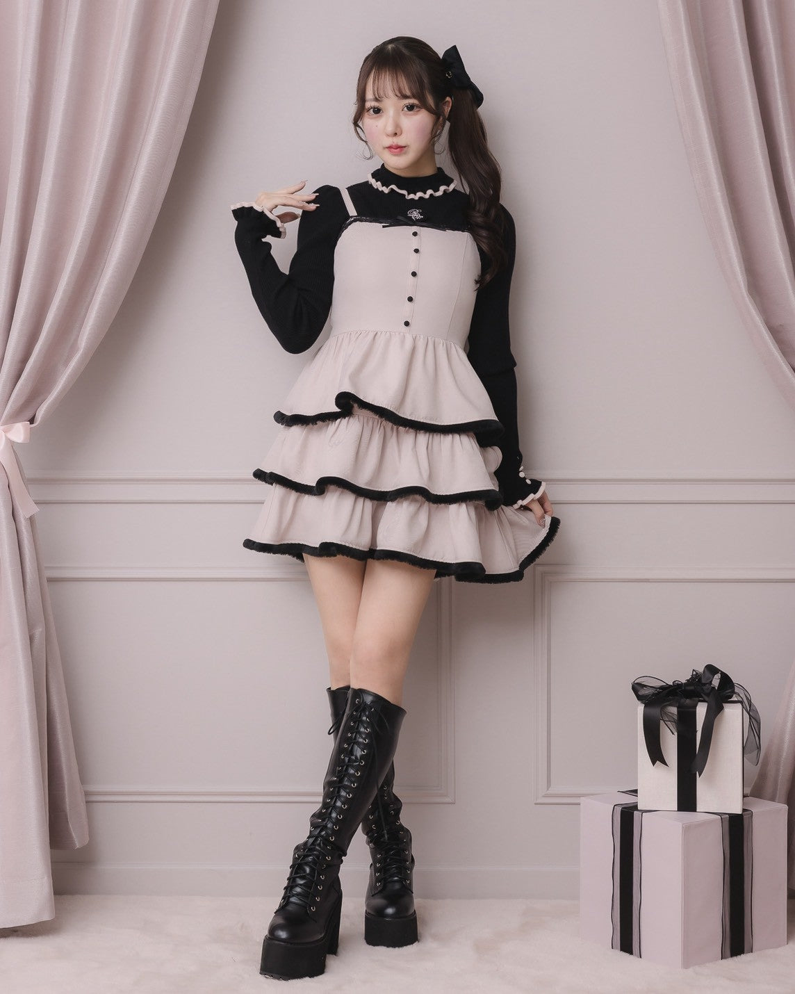 ファー付きティアードジャンパースカート – pium
