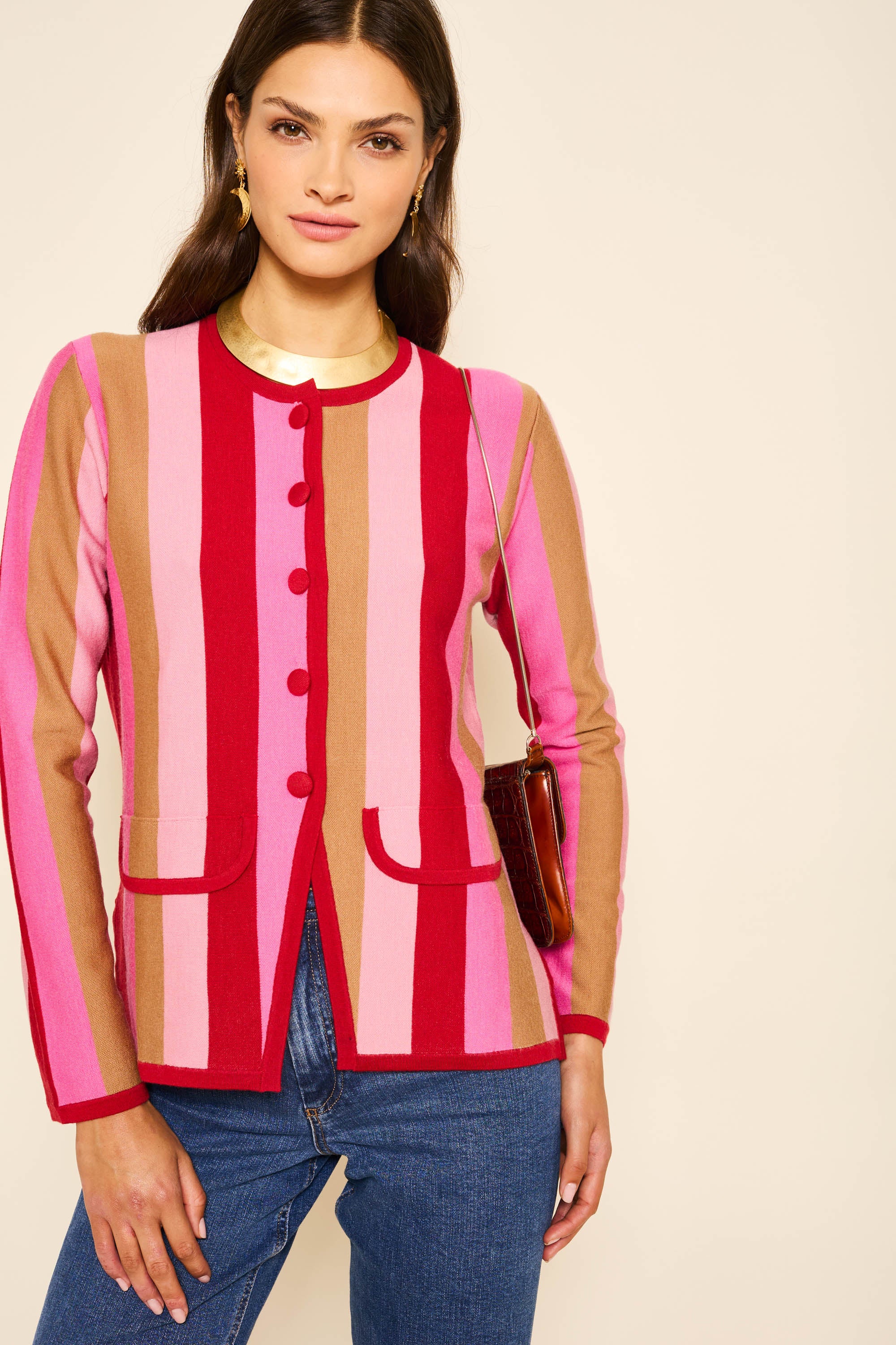 Mirja Merino Wool Cardigan in Victoria Stripe Jacquard Pink | RIXO