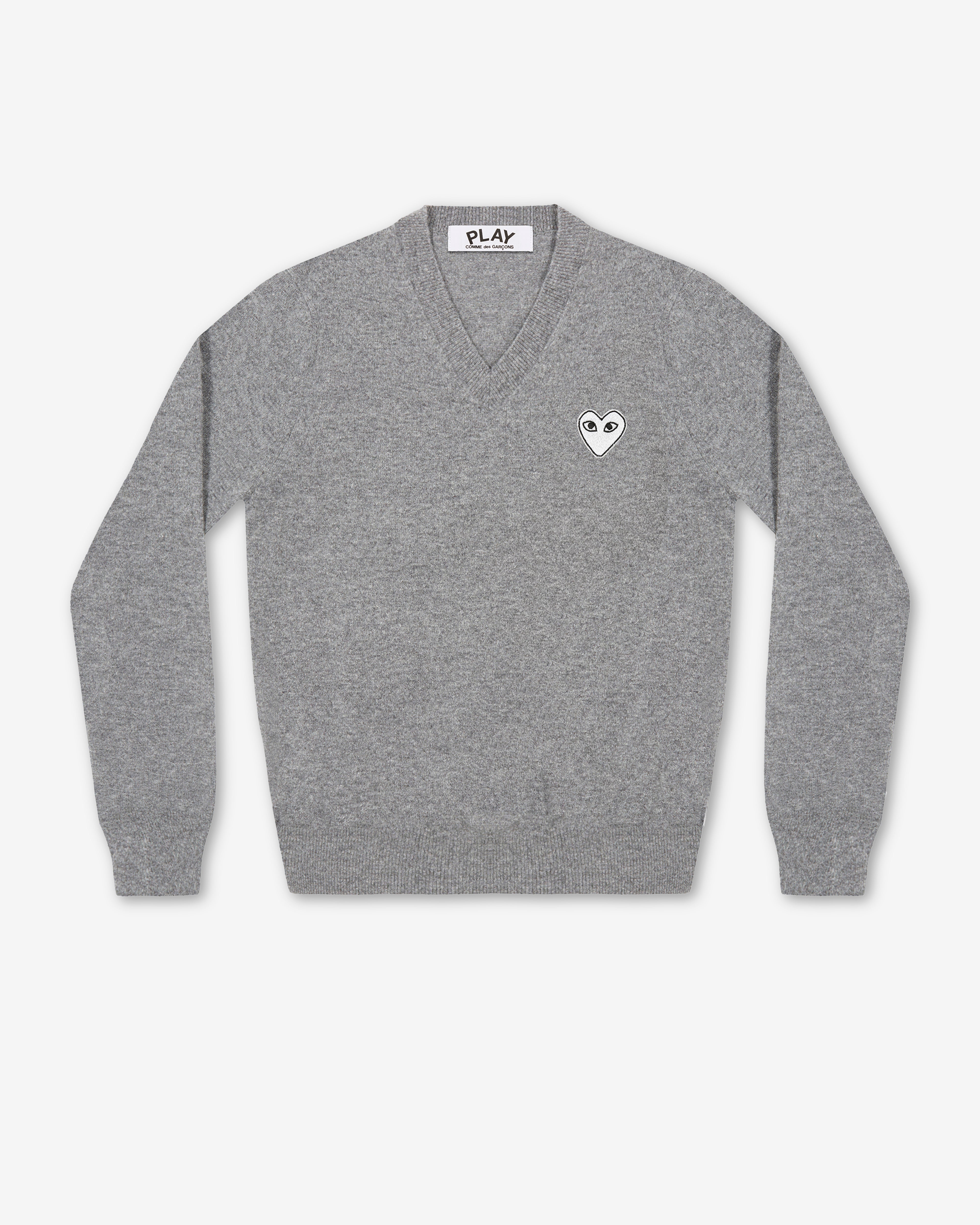 Play Comme des Garçons: White Heart V-Neck Sweater (Light Grey