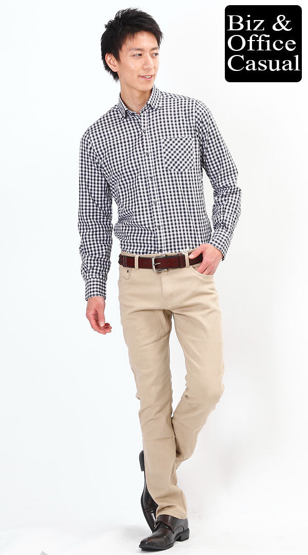 ギンガムチェックシャツ×チノパン ノーネクタイスタイル biz-cr0209の