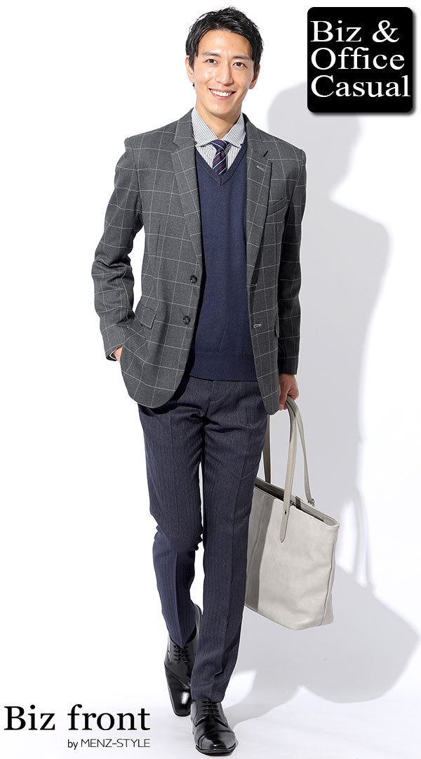 ウィンドペンチェックグレーテーラードジャケット×ネイビーVネック