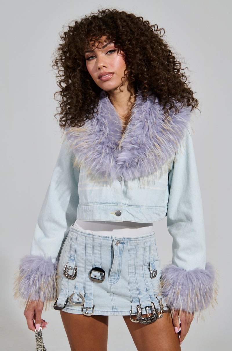 AD ASTRA FUR TRIM JACKET IN LIGHT BLUE DENIM – AKIRA