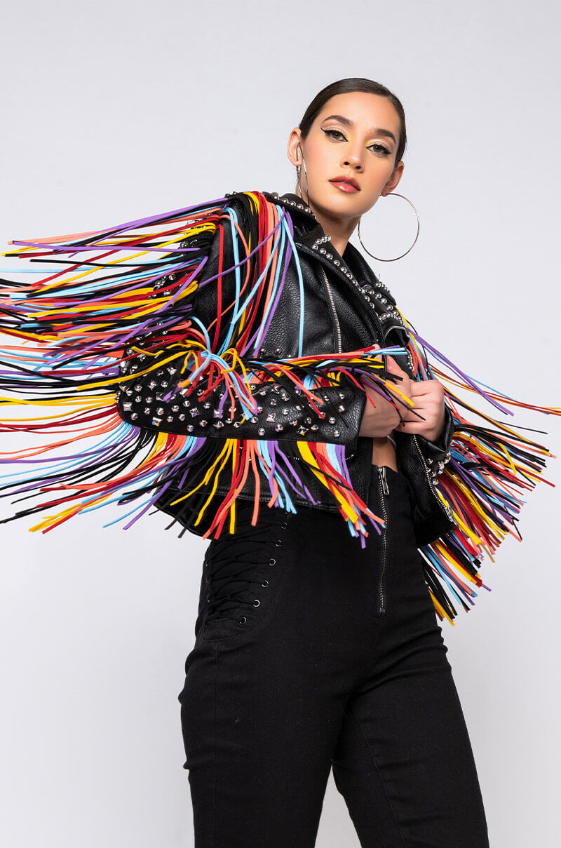 AZALEA WANG FREE RIDER FRINGE MOTO JACKET BLACK MULTI – AKIRA