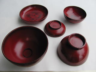 美品】鈴木誠一郎作 会津塗板膳中5枚組 紅布着