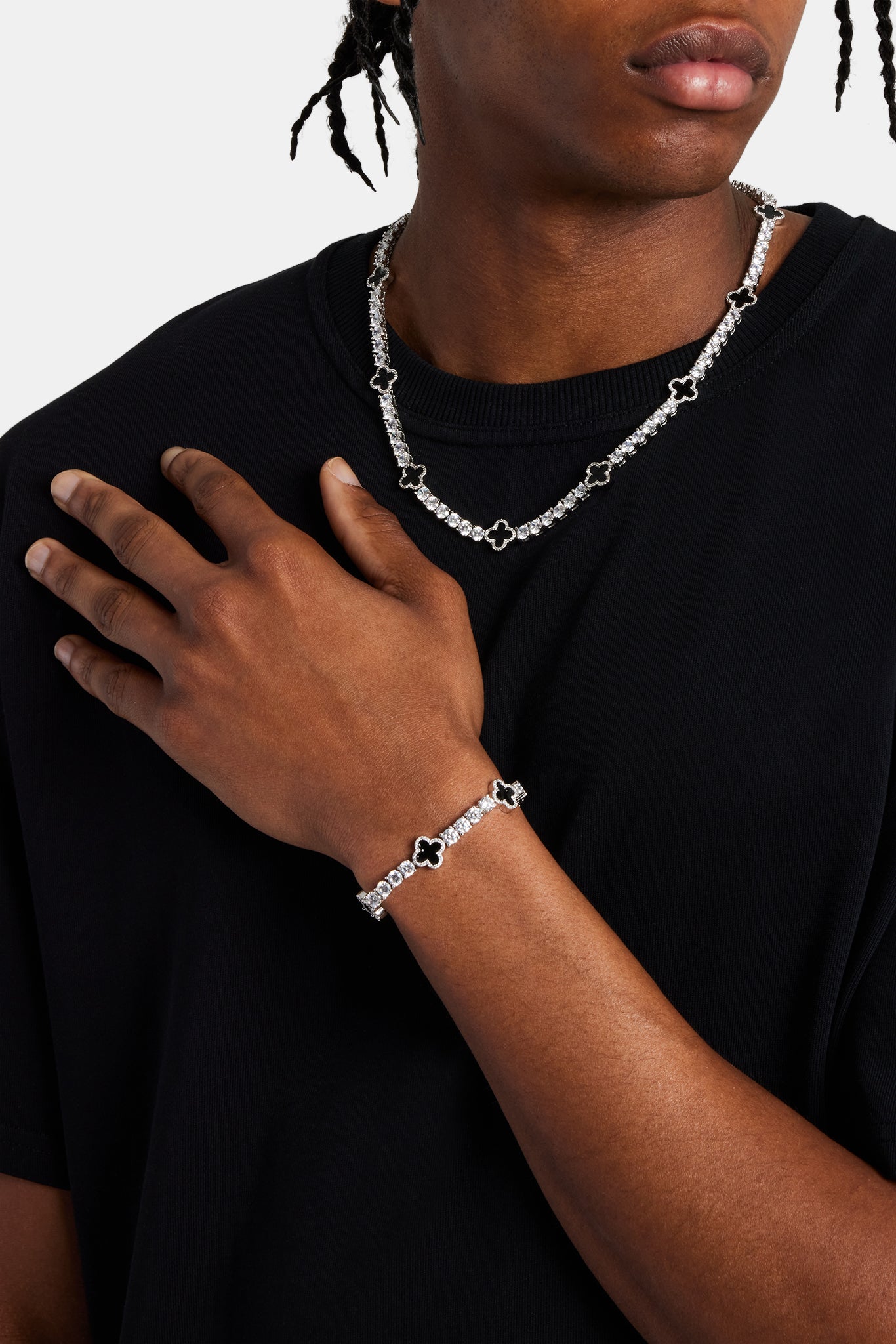 Mens Black Motif Tennis Chain + Bracelet - White - 5mm | Mens