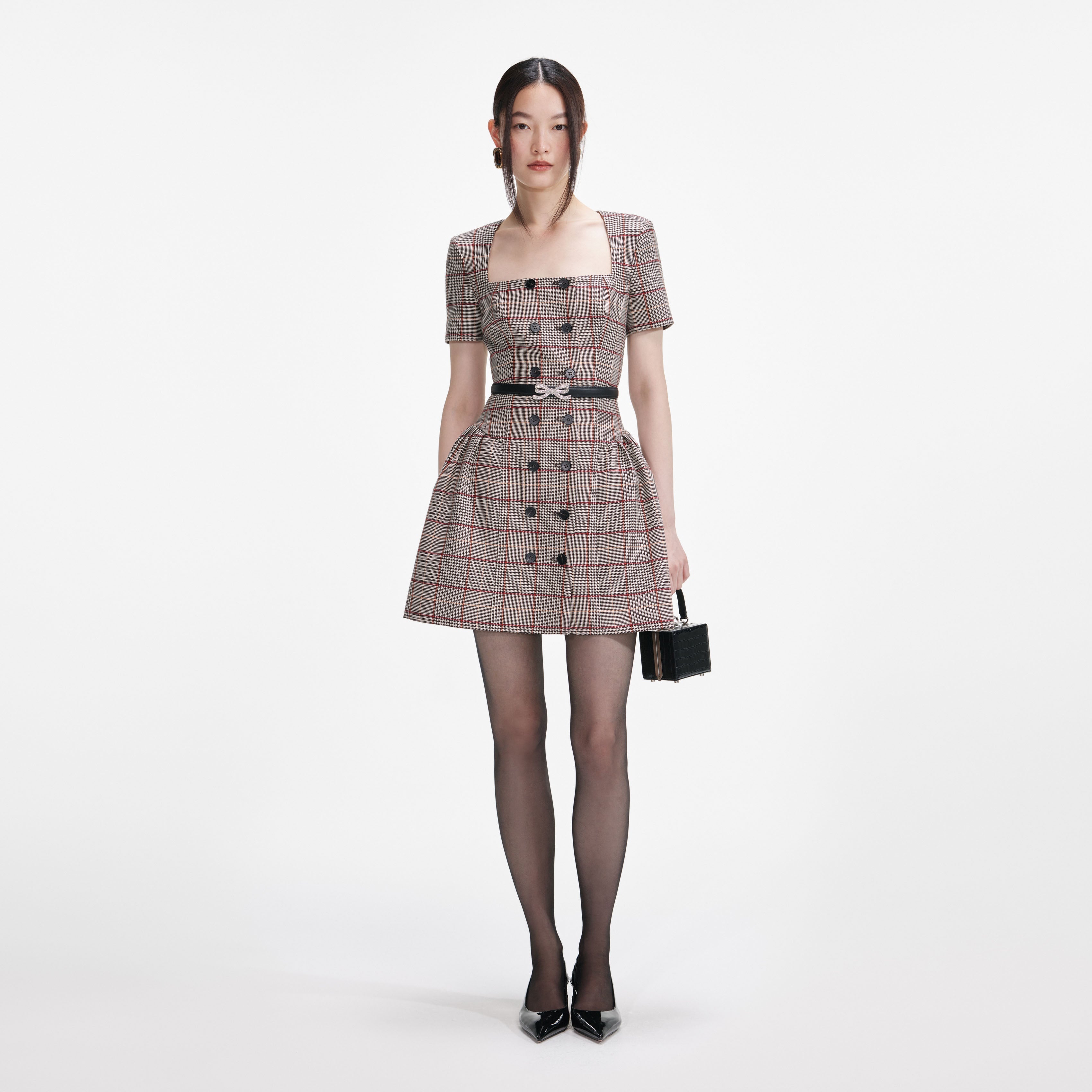 Brown Check Short Sleeve Mini Dress – self-portrait-US