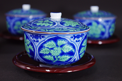 前畑陶器 庫山窯 青華緑彩茶托付蓋付煎茶碗揃 【器道楽】