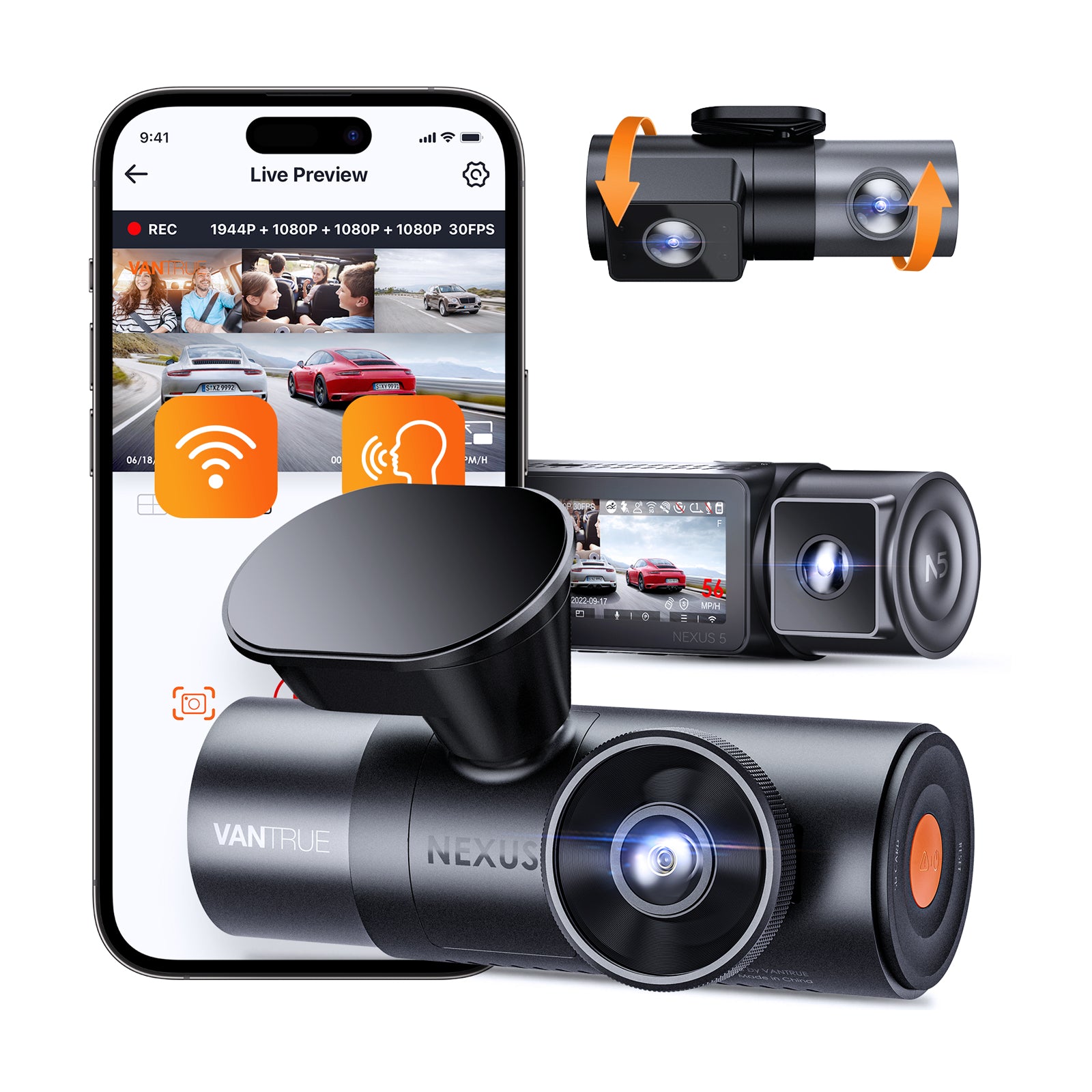 Vantrue N5 4-Channel Dash Cam | 360° 2.7K+1080P, STARVIS 2, WiFi, GPS