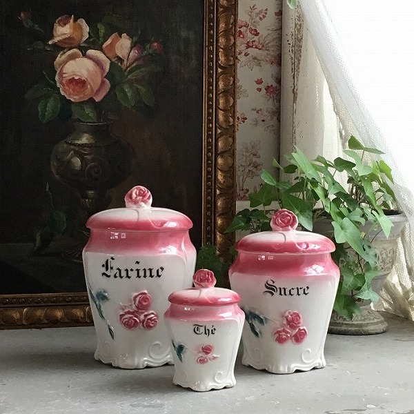 フランスアンティークホーロー激レアピンクの薔薇模様cafeキャニスター