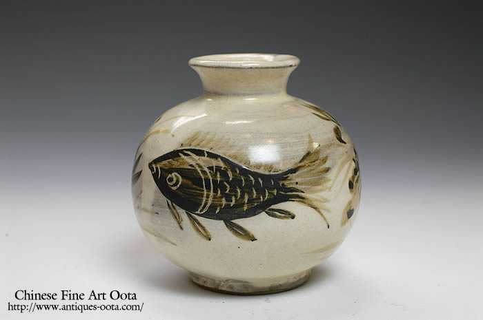 中国古玩 磁州窯 双耳扁壺 時代物唐物 中国古玩 磁州窯 双耳扁壺