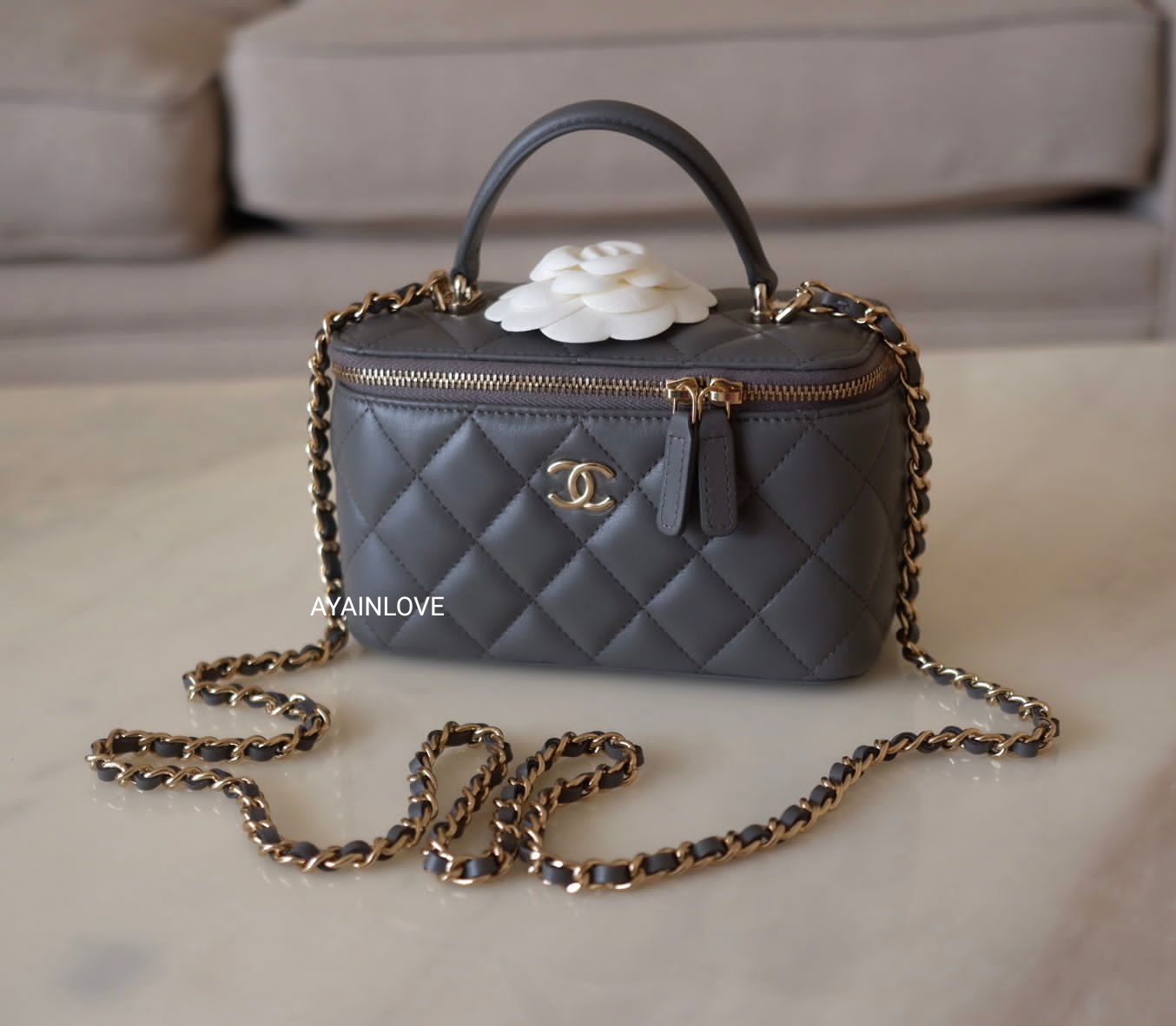 CHANEL 22A Dark Grey Lamb Skin Top Handle Vanity Light Gold