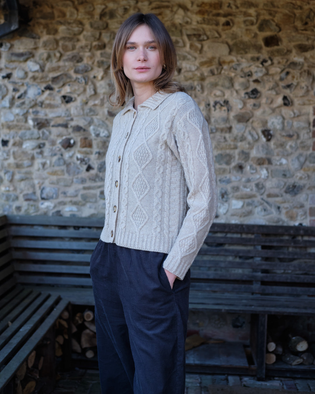 Agnes Classic Pure Wool Aran Cardigan Off White | By BIBICO