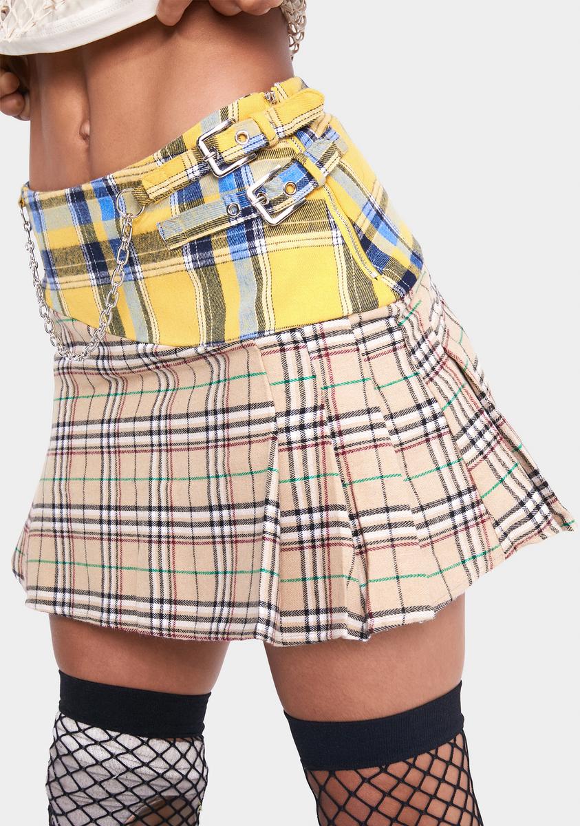 Jaded London Check Mix Pleated Mini Skirt With Buckles & Chain