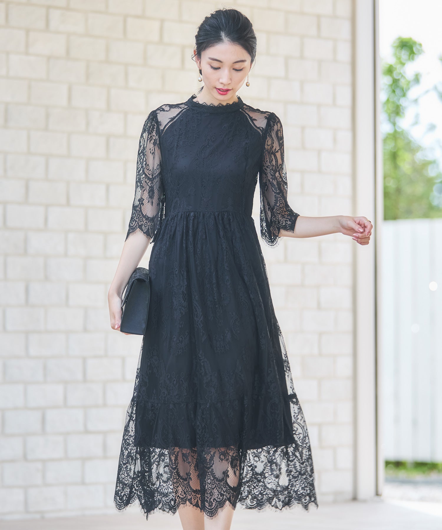 レーススタンドカラーワンピースドレスパーティードレス ブラック