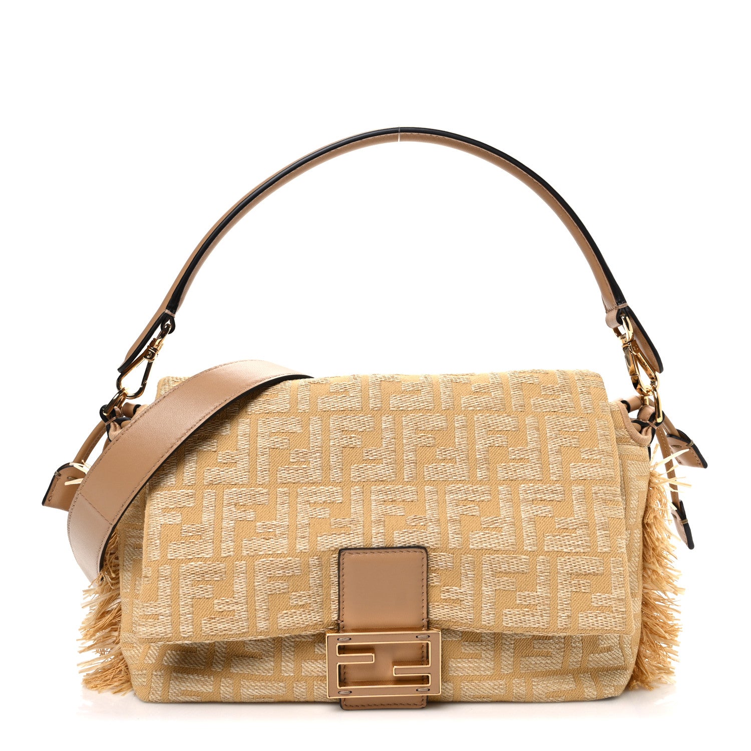 Fendi Fabric Jacquard Raffia Straw Fringe Medium Mamma Baguette