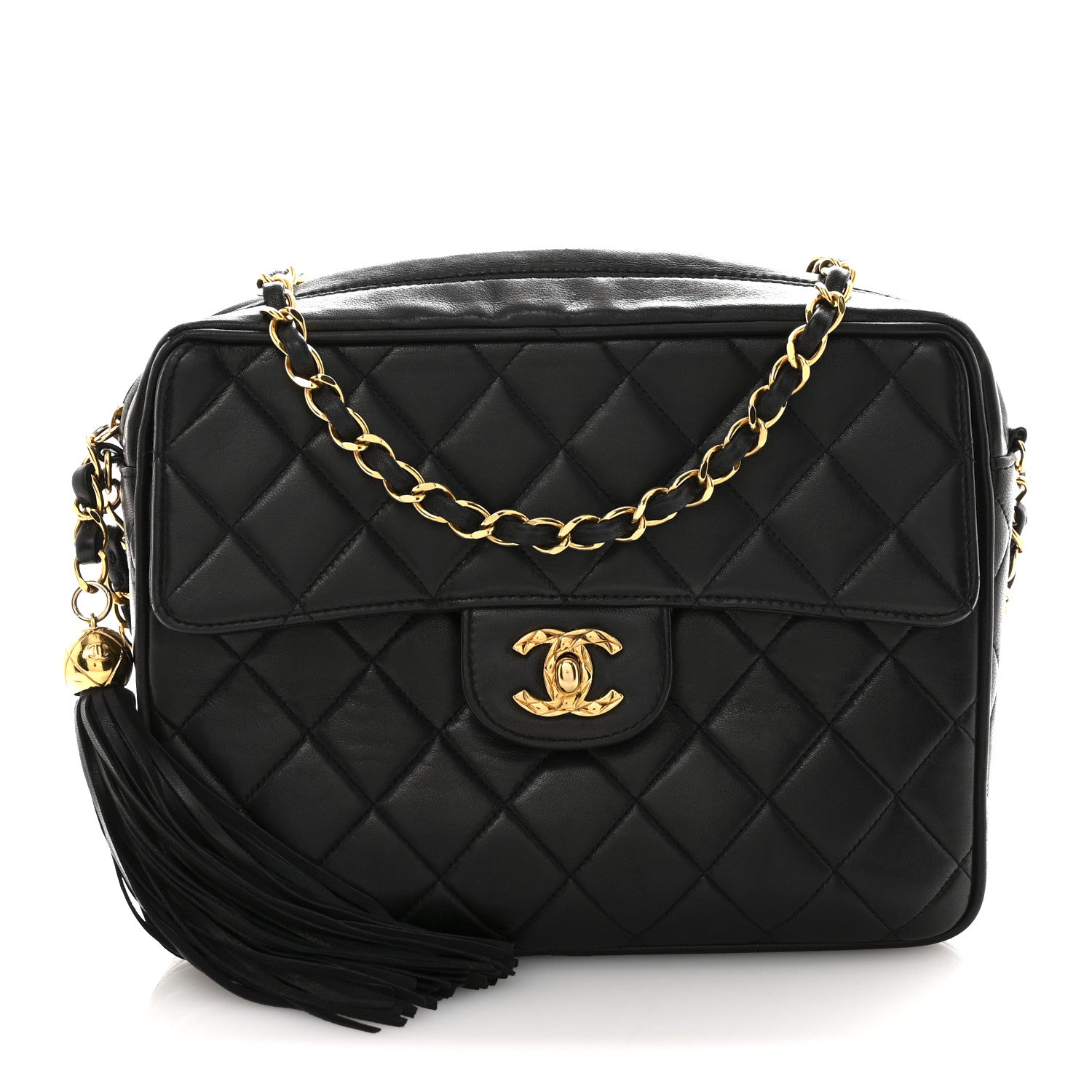 Chanel Lambskin Quilted Flap Camera Tassel Case Black 1815765