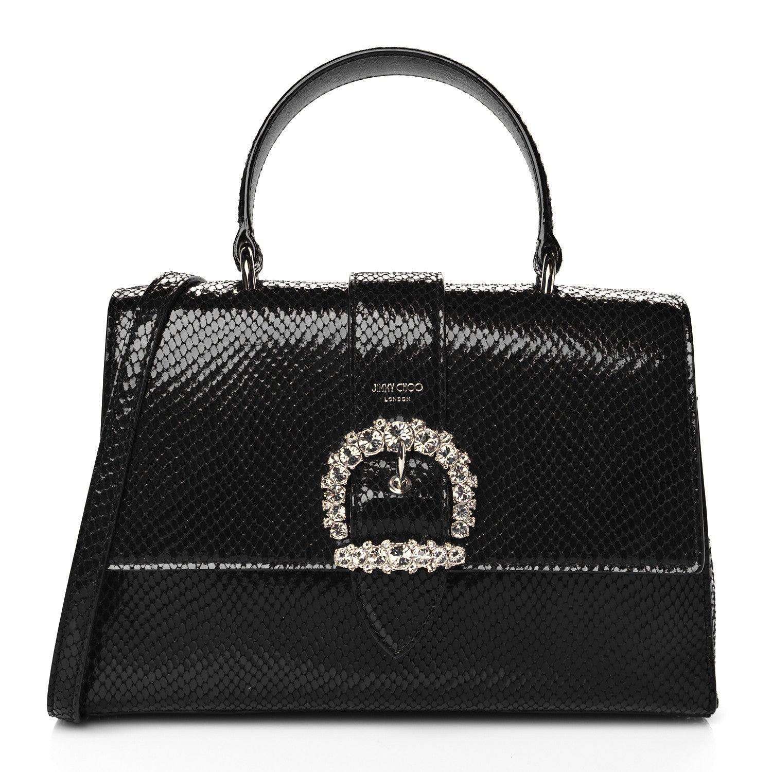Jimmy Choo Lizard Calfskin Embossed Cheri Top Handle Bag Black