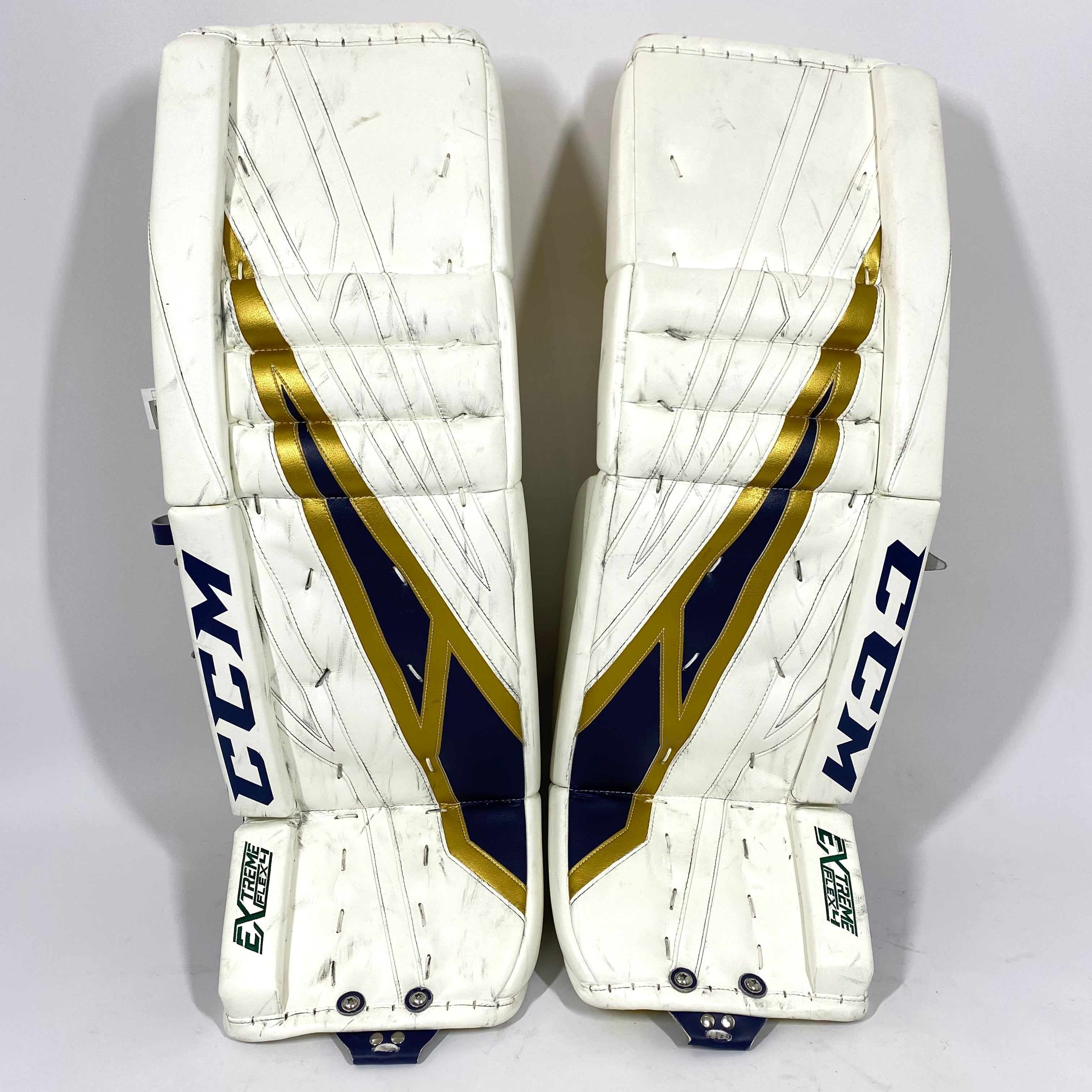 CCM Extreme Flex 4 - Used NCAA Pro Stock Senior Goalie Pads (White/Gol