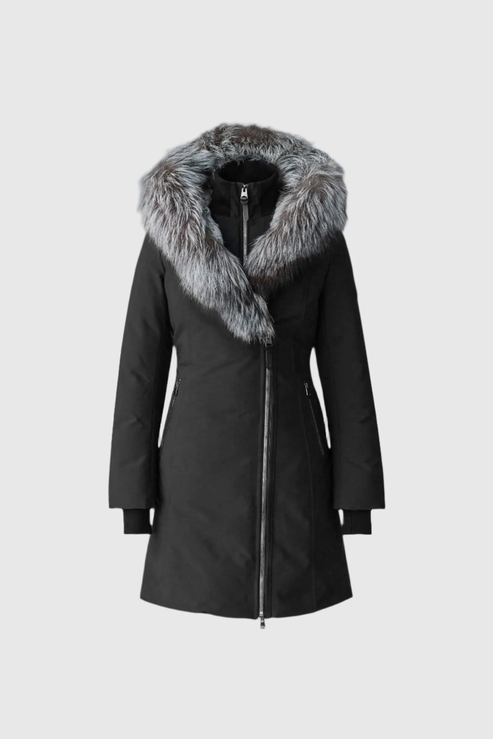 Trish-X, Powder Touch down coat with silver fox fur Signature