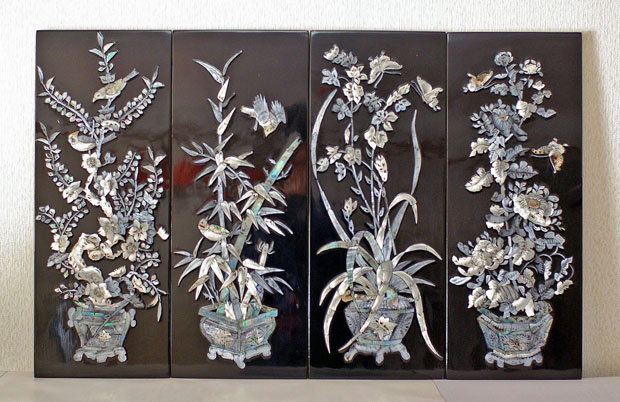 ベトナム漆螺鈿細工のパネル（バイヨン寺院）4枚綴り ベトナム漆螺鈿